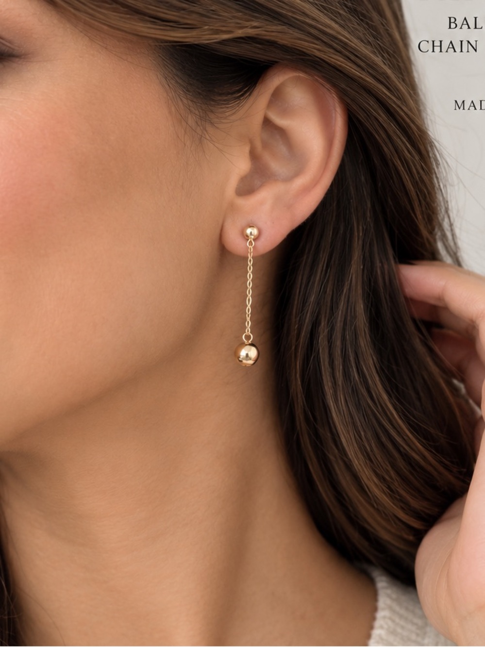 14K Gold Ball Drop Chain Earrings | Made in USA